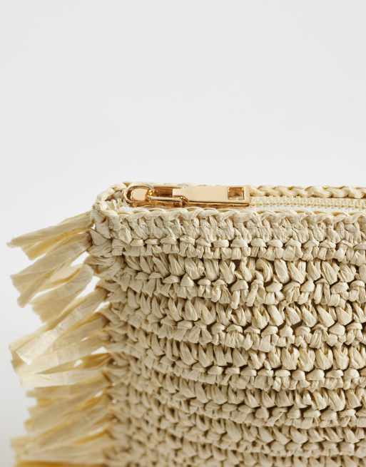 My Accessories - Bolso clutch beis de paja con flecos en los laterales, 3 de 4