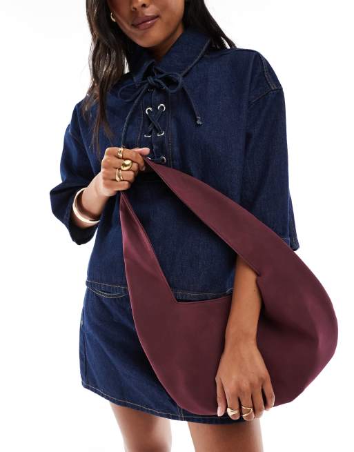 My Accessories - Bordeaux blød buet skuldertaske i imiteret ruskind, 2 af 4