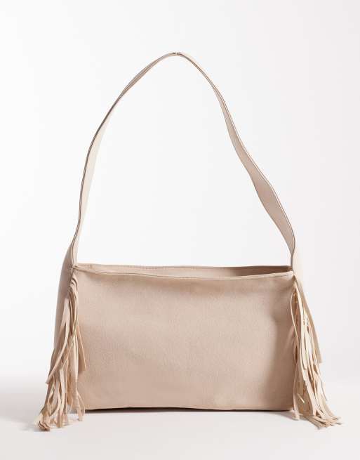 My Accessories - Borsa da spalla extra larga in camoscio sintetico color crema con frange laterali