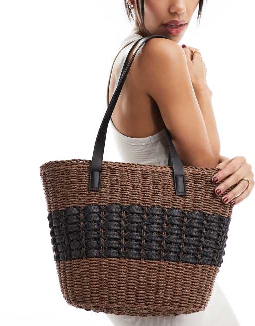 My Accessories Borsa shopping bicolore in paglia marrone e nera ASOS
