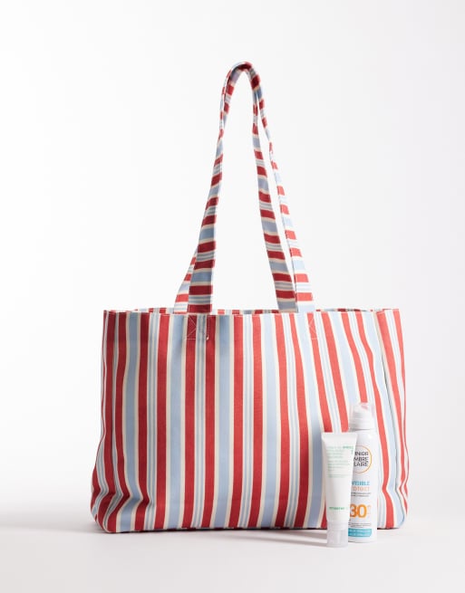 My Accessories - Borsa shopping grande in tela a righe rossa e blu , 2 di 4