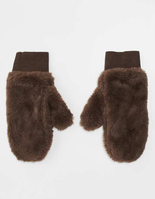 My Accessories – Brązowe rękawiczki z jednym palcem ze sztucznego futra