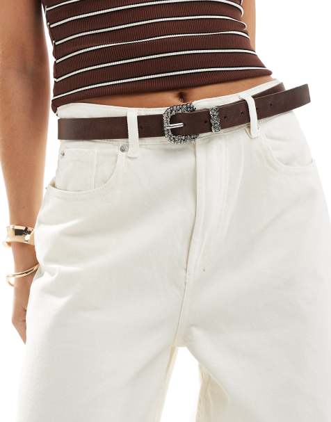 My Accessories – Brązowy pasek z kowbojską klamrą w kolorze antycznego srebra z różami - view 1