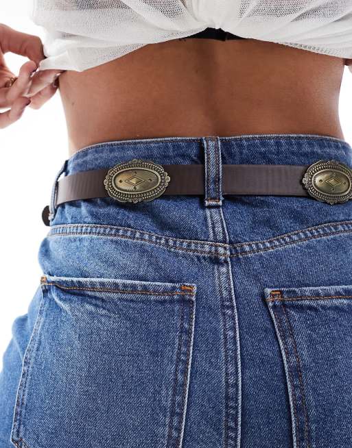 My Accessories – Brązowy pasek z owalnymi medalionami w odcieniu złota