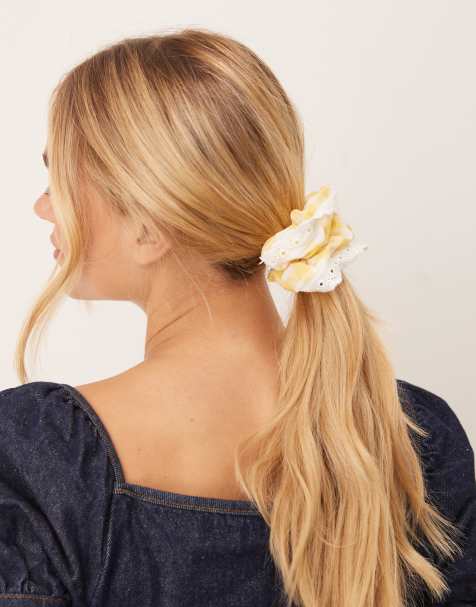 My Accessories broderie mix scrunchie in yellow - view 1