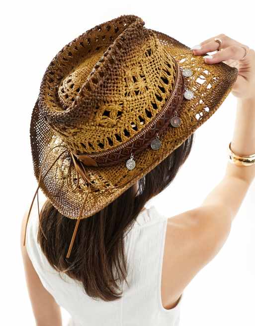 My Accessories – Brun, justerbar, sliten cowboyhatt med mynt i strå, 3 av 4