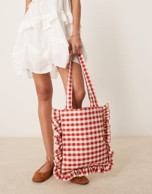 My Accessories - Cabas à carreaux vichy et volants - Rouge et blanc