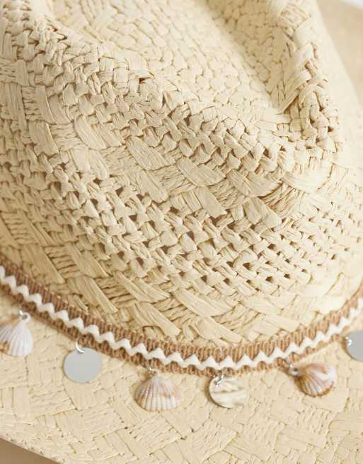 My Accessories - Cappello da cowboy in paglia beige con finiture a forma di conchiglie, 2 di 3