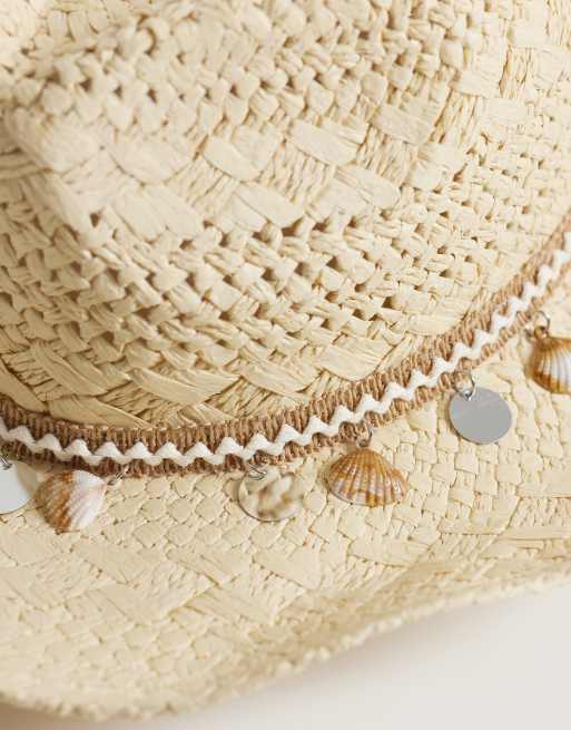 My Accessories - Cappello da cowboy in paglia beige con finiture a forma di conchiglie, 3 di 3