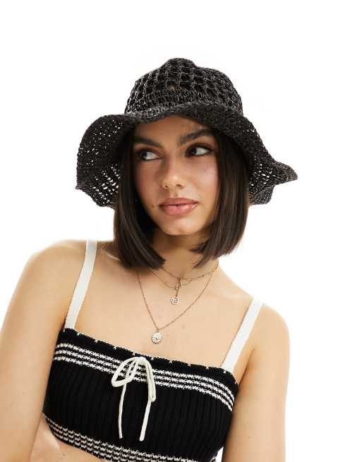 My Accessories - Cappello da pescatore nero in maglia traforata all'uncinetto, 2 di 4
