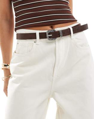 My Accessories - Ceinture style western avec boucle ornée de fleurs - Marron/argent effet vieilli