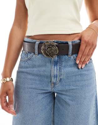 My Accessories Chunky Rose Buckle Belt In Brown