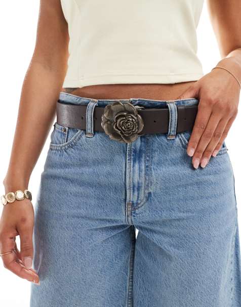 My Accessories chunky rose buckle belt in brown and bronze - view 1