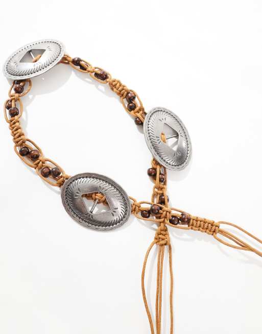 My Accessories - Cintura in corda marrone e argento con medaglioni, 3 di 4