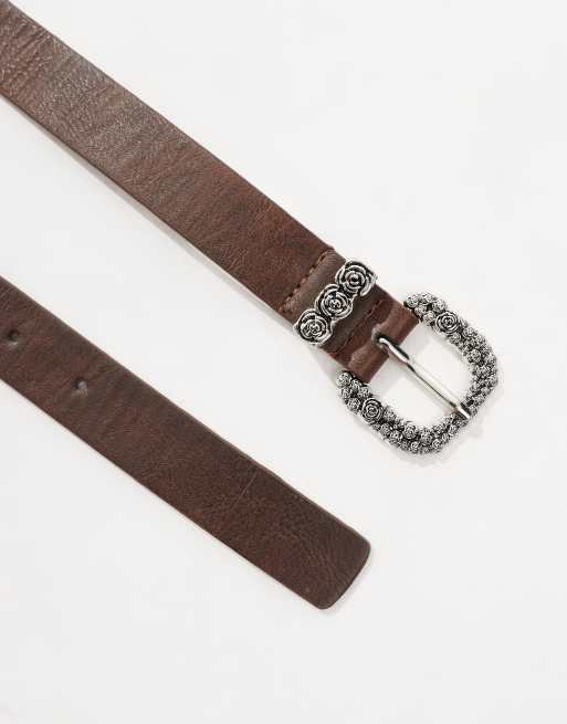 My Accessories - Cintura marrone con fibbia western argento anticato con rose, 2 di 3