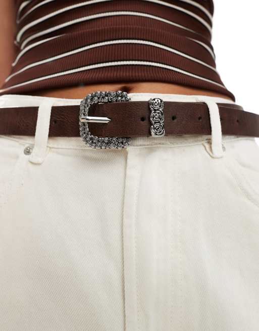 My Accessories - Cintura marrone con fibbia western argento anticato con rose, 3 di 3
