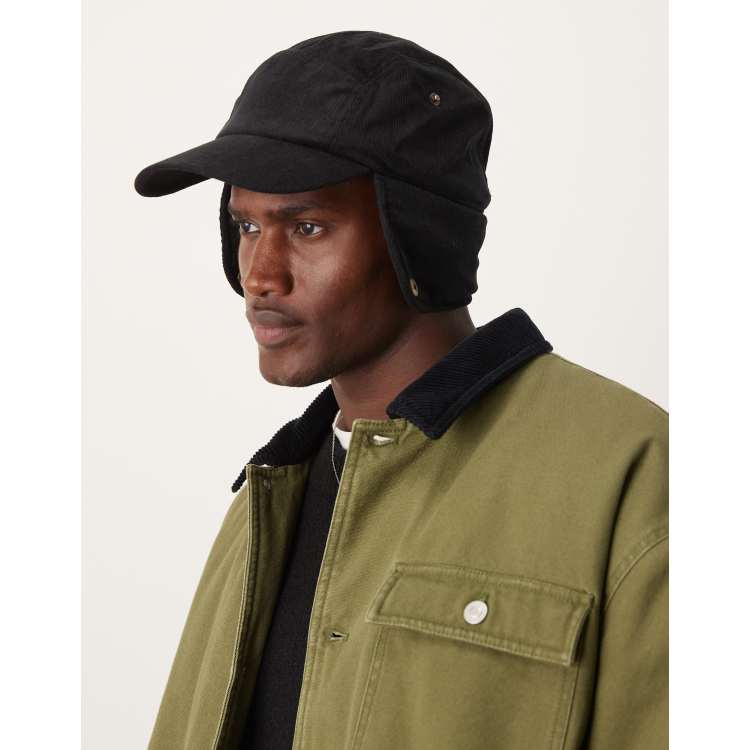 My Accessories corduroy baseball hat with ear flaps in black ASOS