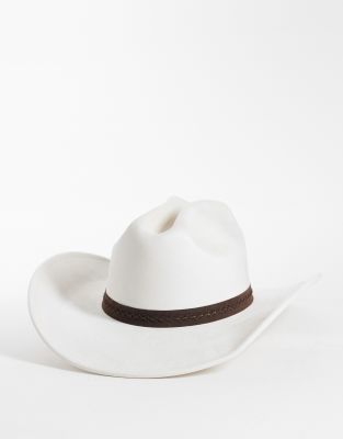 My Accessories Cowboy Hat With Brown Faux Suede Trim In White