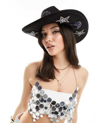  My Accessories cowboy hat with celestial sequin patches in black