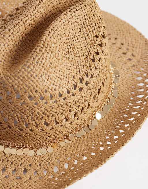 My Accessories - Cowboyhoed van stro met rand van gouden muntjes in bruin, 3 van 3