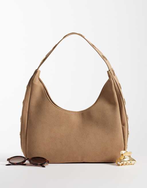 My Accessories - Cremehvid poset skuldertaske med nitter i imiteret ruskind , 2 af 4