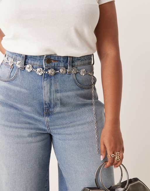 My Accessories Curve - Cintura a catenina color argento vintage con rose