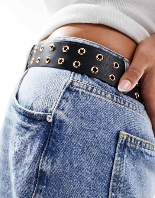 My Accessories Curve eyelet detail PU belt in black, 3 of 4