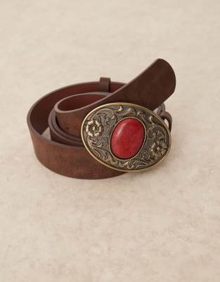 My Accessories Curve Red Stone Vintage Belt In Brown