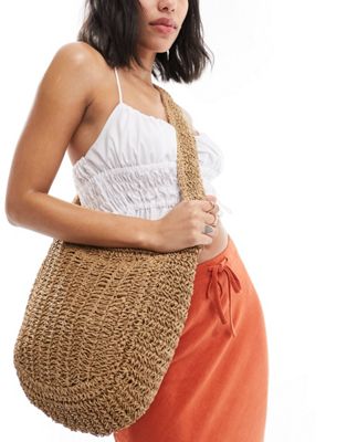 My Accessories curved woven long shoulder bag in raffia