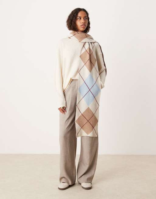 My Accessories - Écharpe oversize à losanges - Crème, bleu et taupe, 2 de 4