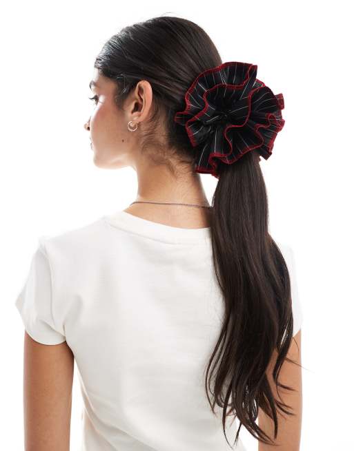 My Accessories - Elastico per capelli nero gessato oversize con bordi a contrasto