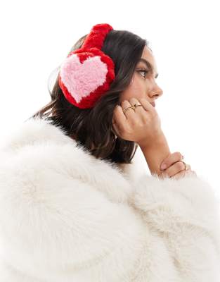 My Accessories faux fur ear muffs with heart in red and pink - view 1