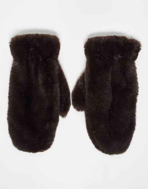 My Accessories faux fur mittens in brown - view 1