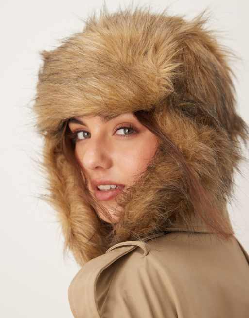 My Accessories faux fur trapper hat in beige and brown
