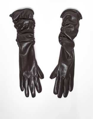 My Accessories My Accessories faux leather long ruched gloves in brown