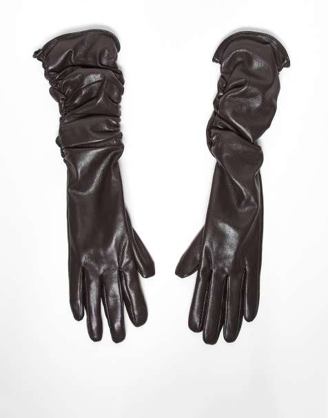 My Accessories faux leather long ruched gloves in brown - view 1