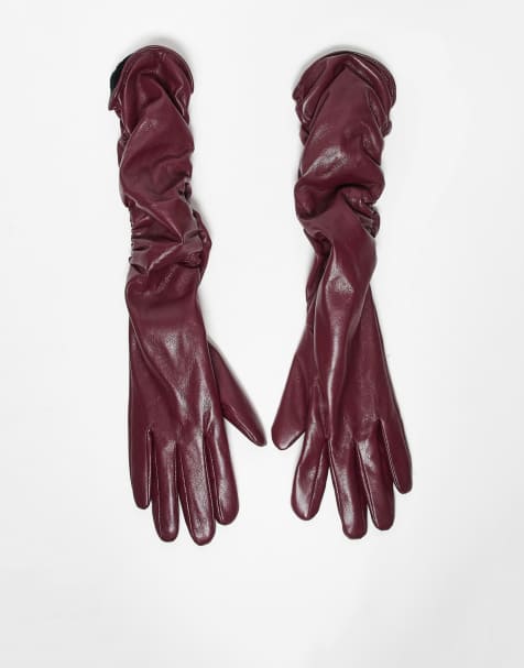 My Accessories faux leather long ruched gloves in burgundy - view 1