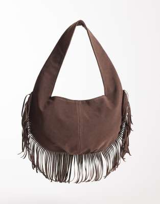 My Accessories faux suede fringed shoulder bag with round base in dark brown
