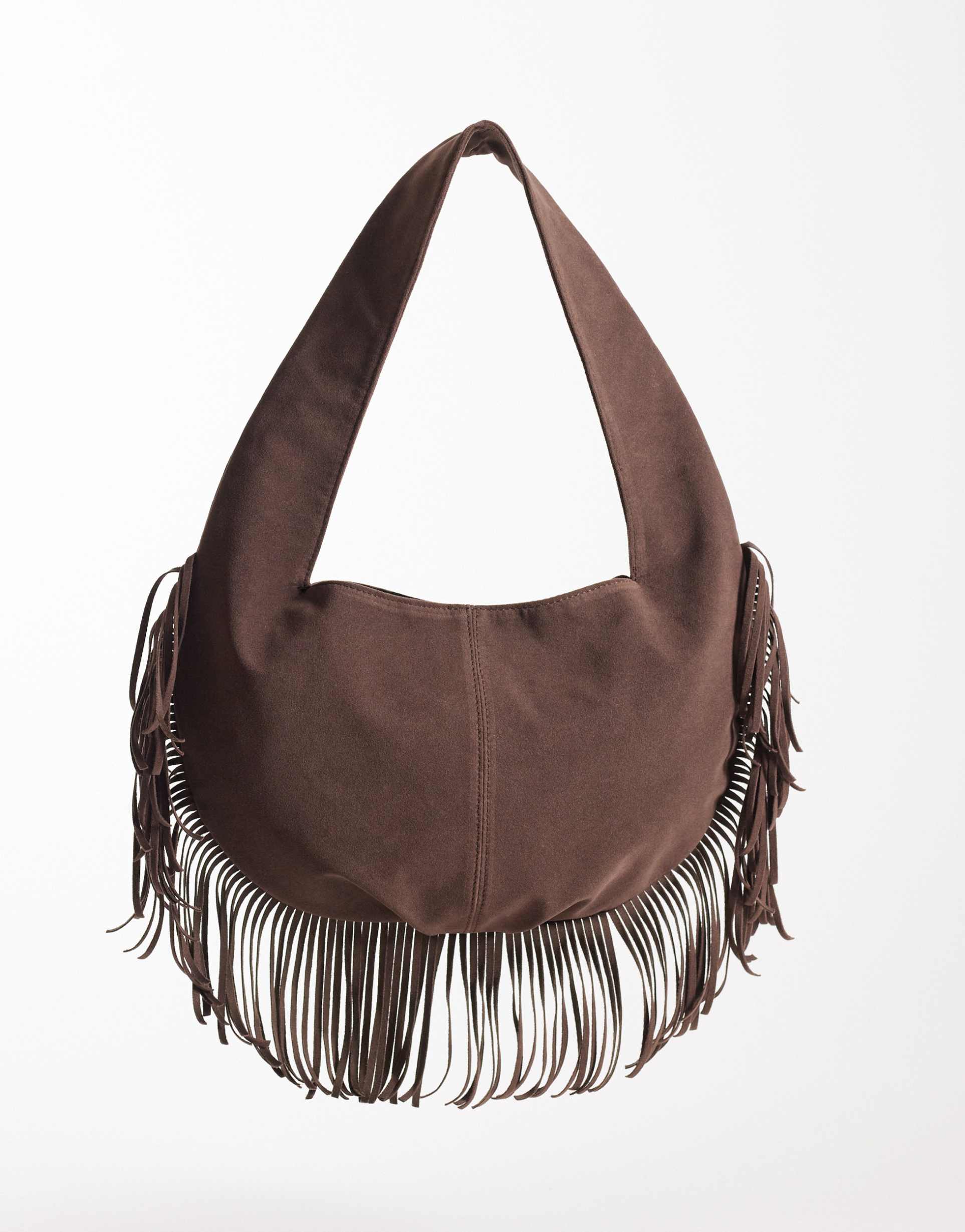 my accessories faux suede fringed shoulder bag with round base in dark brown