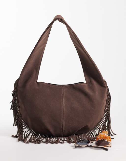 My Accessories faux suede fringed shoulder bag with round base in dark brown, 2 of 4