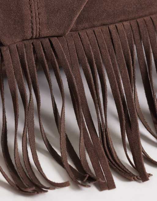 My Accessories faux suede fringed shoulder bag with round base in dark brown, 3 of 4