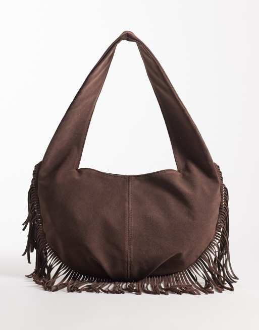 My Accessories faux suede fringed shoulder bag with round base in dark brown, 4 of 4