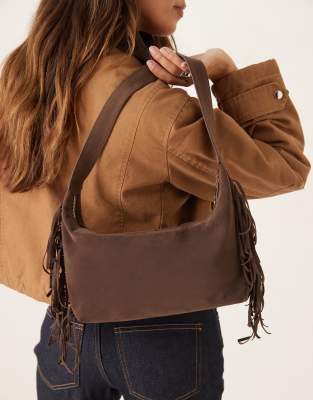 My Accessories faux suede shoulder bag with fringing in brown | ASOS