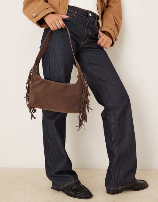 My Accessories faux suede shoulder bag with fringing in brown, 3 of 4