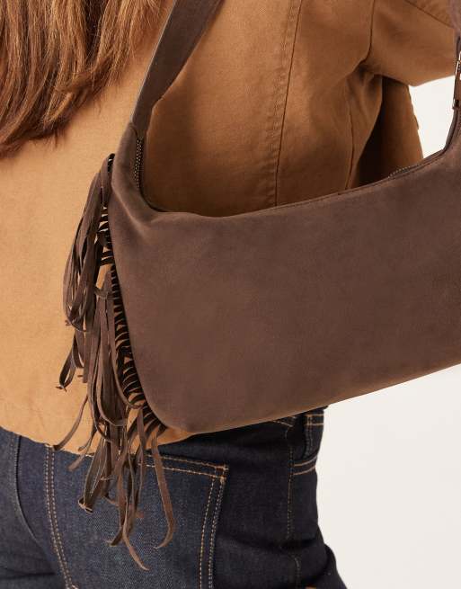 My Accessories faux suede shoulder bag with fringing in brown, 4 of 4