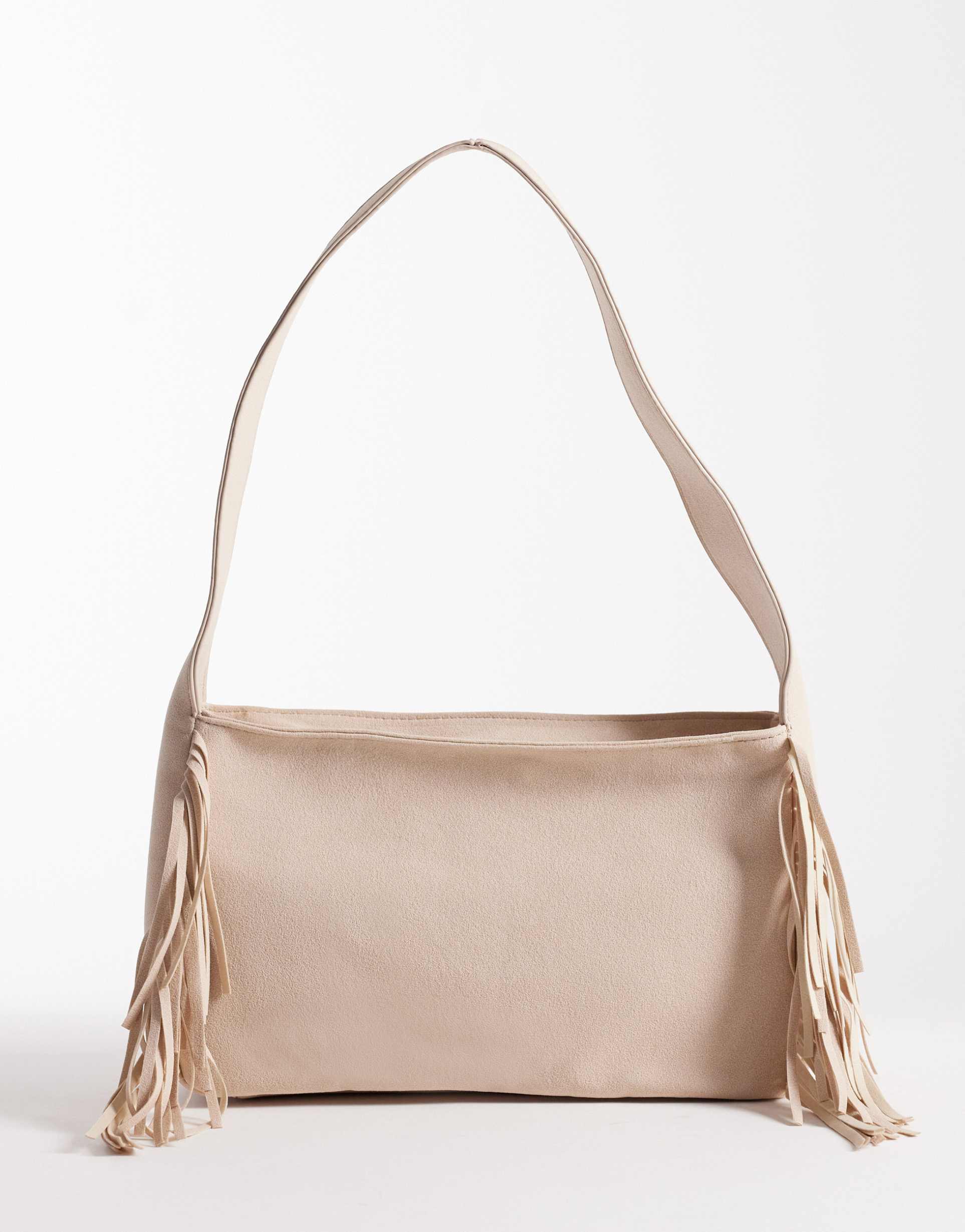 my accessories faux suede slouchy side fringe shoulder bag in cream