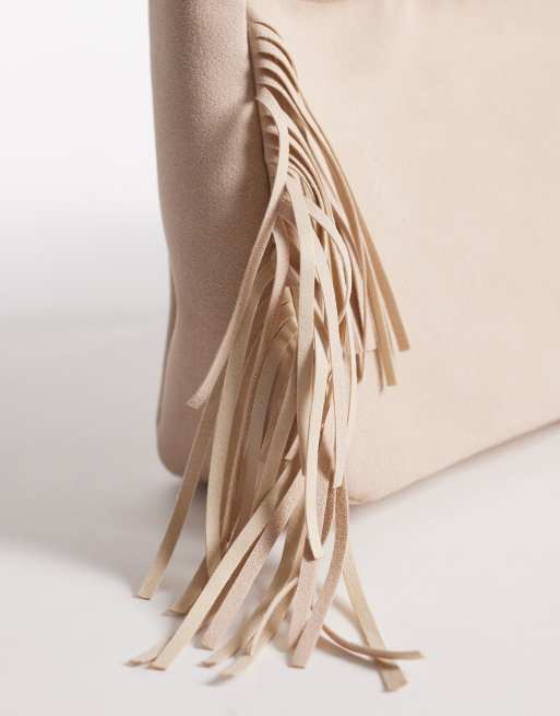 My Accessories faux suede slouchy side fringe shoulder bag in cream, 3 of 4