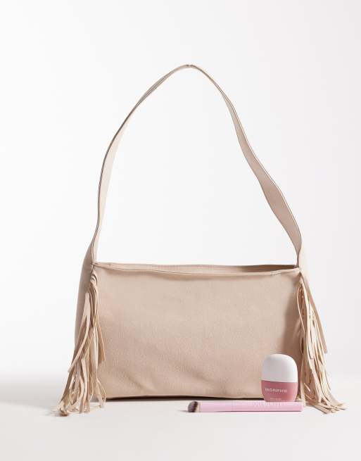My Accessories faux suede slouchy side fringed shoulder bag in cream, 2 of 4