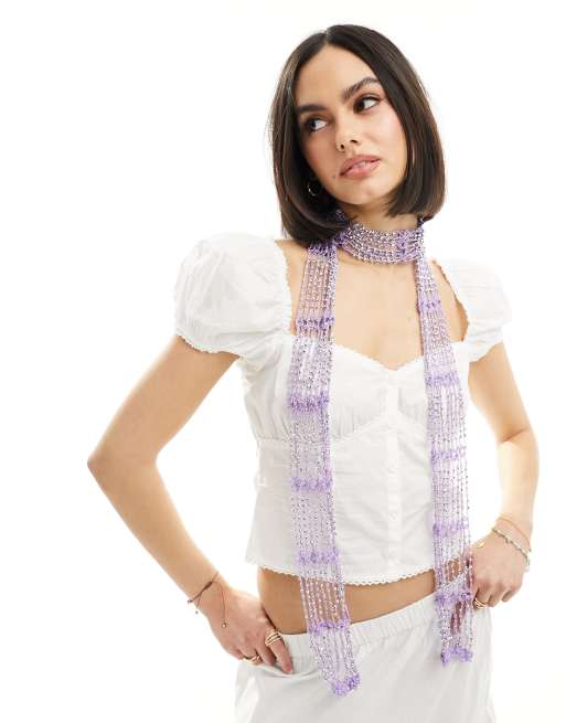 My Accessories – Fioletowy smukły szalik z szydełkowanego materiału z koralikami