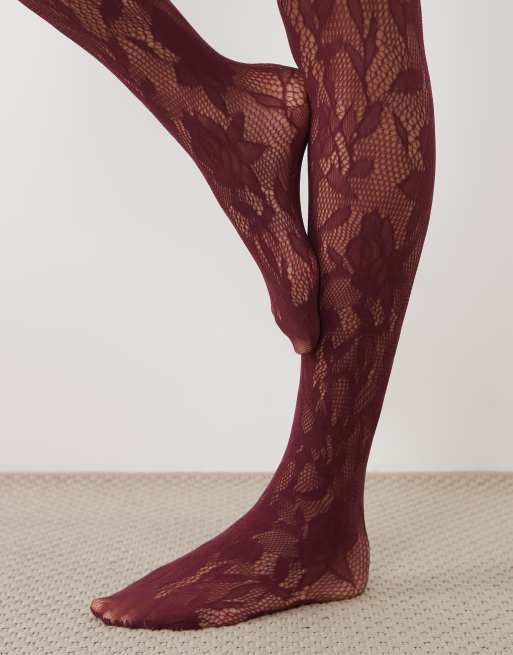 My Accessories floral lace tights in burgundy, 2 of 3
